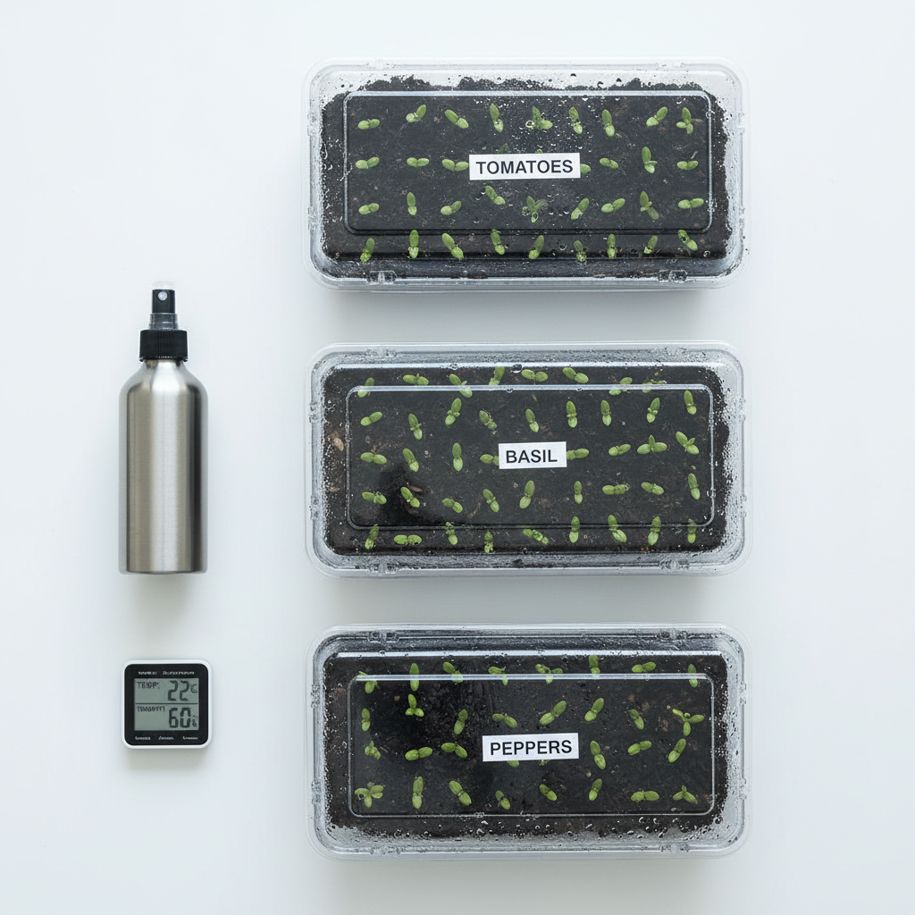 A close-up of a seedling propagation setup on a tidy white tabletop, showing several labeled transparent plastic trays filled with evenly raked, slightly moist soil. Tiny green sprouts emerge in perfectly spaced rows, each with two bright cotyledons catching the light. A slim, stainless-steel misting bottle and a small digital hygrometer sit neatly to the side, both aligned parallel to the table edge. Cool, diffused daylight from above and slightly to the right creates crisp but gentle shadows, highlighting textures of soil and condensation. Shot from directly above in a precise flat-lay composition, every object appears intentional and aligned, with generous white negative space around. The mood is analytical, methodical, and quietly optimistic, rendered in photographic realism with a clean, corporate, laboratory-like aesthetic for serious plant care documentation.