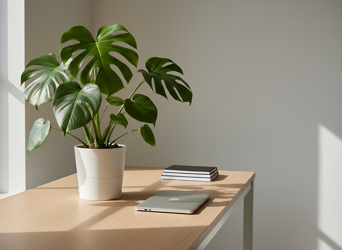 A minimalist indoor plant workspace featuring a single, healthy monstera deliciosa in a matte white cylindrical pot, its broad, glossy green leaves with distinctive splits spreading confidently. The plant sits centered on a light oak desk with sharp, clean edges, next to a closed silver laptop and a neatly stacked notebook, all aligned with precision. Soft, diffused daylight enters from an unseen window on the left, casting controlled, gentle shadows and subtle reflections on the smooth surface. Shot at eye level with a slight angle, the composition follows the rule of thirds, leaving negative space on the right. The mood is professional, calm, and organized, with photographic realism, neutral tones, and a clean, corporate aesthetic that suggests focused work and structured plant care.