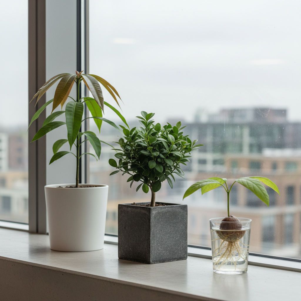 A structured windowsill display of indoor plants grown from pits and seeds: a medium-sized mango seedling with long, slightly arching leaves, a stout lemon tree in early growth, and a jade-green avocado sprout in a glass of water with visible roots. They are arranged in a straight line on a smooth, light concrete windowsill, each in a minimalist pot of white, charcoal, or sand-beige, creating a neutral palette. Overcast daylight filters through a large, clear window, delivering soft, even illumination and muted reflections on the glass and water surface. Captured at eye level with a slight side perspective, the background cityscape is softly blurred, keeping the plants in sharp focus. The mood is quietly aspirational and orderly, with photographic realism and a clean, modern, corporate-style composition emphasizing disciplined long-term plant growth.