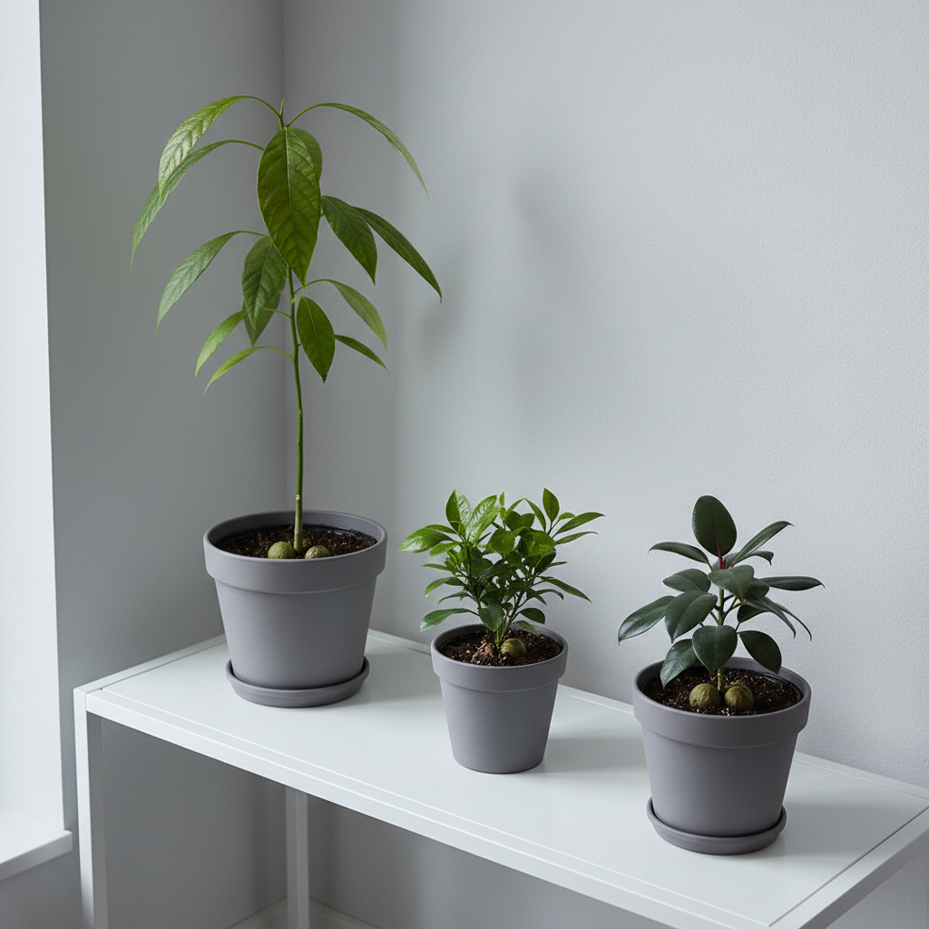 A bright, orderly living room corner turned into a home plant station, featuring three potted indoor plants grown from seeds: a young avocado tree with elongated leaves, a compact citrus seedling with glossy foliage, and a small ficus. Each plant is placed in uniform matte gray pots on a streamlined white shelving unit with clear geometric lines. Behind them, a smooth light-gray wall forms a neutral backdrop. Cool, even daylight from a nearby window creates soft highlights on the leaves and precise, linear shadows along the shelves. Captured from a slightly elevated angle with sharp focus throughout, the scene feels structured and calm. The photographic style is clean and modern, emphasizing balanced composition, neutral colors, and a disciplined, professional approach to building a personal plant collection.