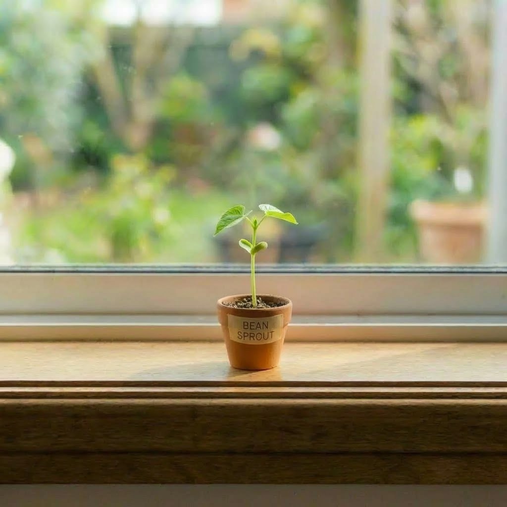 A tiny green bean sprout in a terracotta pot labeled BEAN SPROUT on a windowsill.