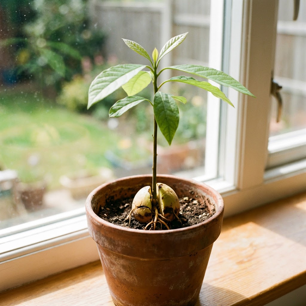 Small avocado plant growing from a seed in a terracotta pot on a sunny windowsill.