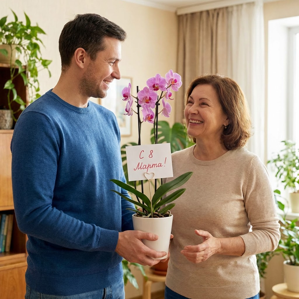 Man gifting a woman a pink orchid with a card reading "С 8 Марта!".