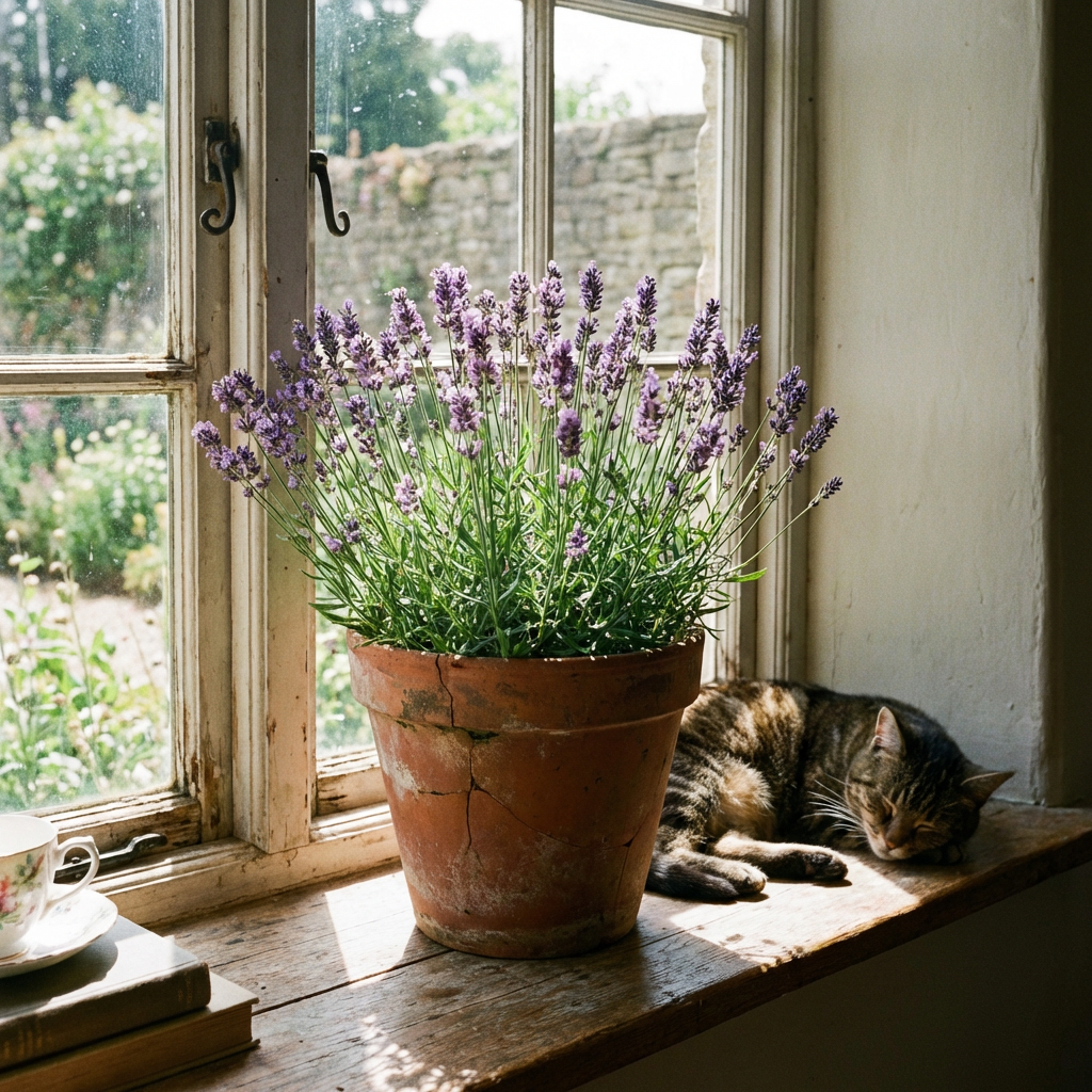 A tabby cat sleeps on a windowsill next to a potted lavender plant.