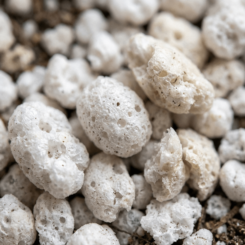 Macro shot of white perlite pebbles with a highly porous and irregular texture.