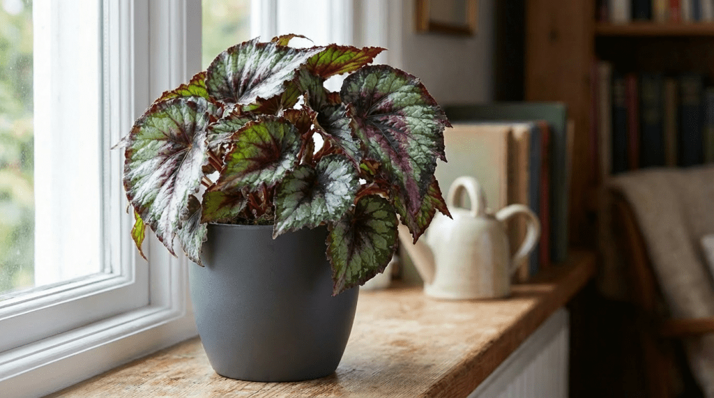 A vibrant Rex Begonia plant in a mossy terracotta pot sitting on a wooden windowsill.