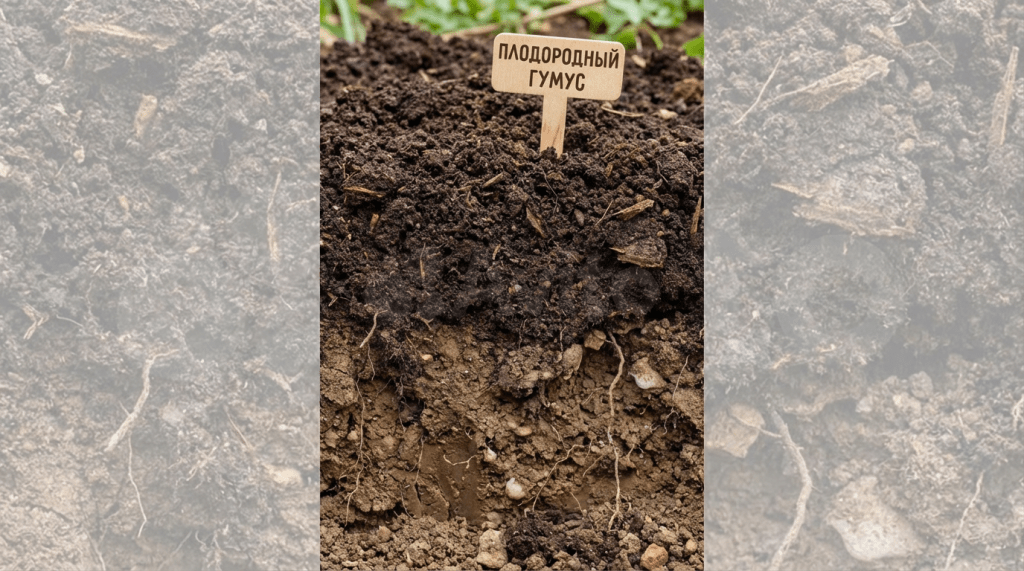 Cross-section of soil with a wooden sign reading "ПЛОДОРОДНЫЙ ГУМУС" in dark, rich organic matter.